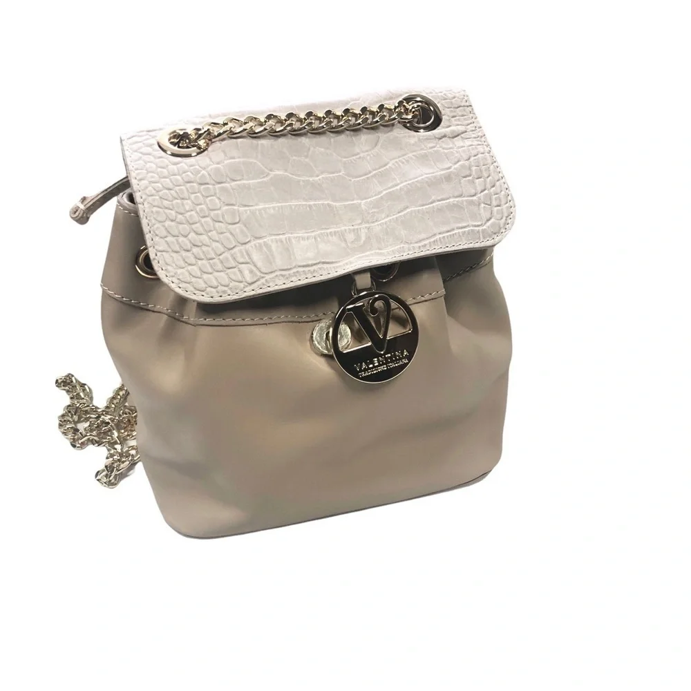 Valentina Backpack‎ Purse Beige Leather Croc Embossed Drawstring Travel Luxury